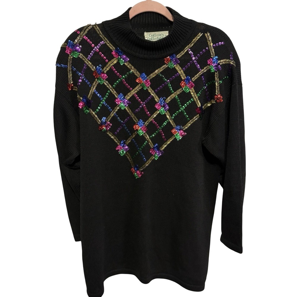 Vintage 80s Colleens Collectibles Black Sequin Beaded Sweater Oversized Small